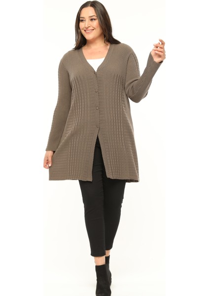 Triko Büyük Beden Cardigan Uzun Kadın Anne Dökümlü Hırka