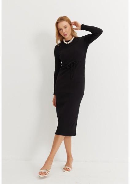 Kadın Siyah Renk Kaşkorse Kordonlu Uzun Kollu Elbise