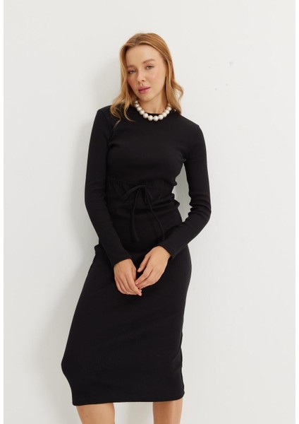 Kadın Siyah Renk Kaşkorse Kordonlu Uzun Kollu Elbise fiyatları
