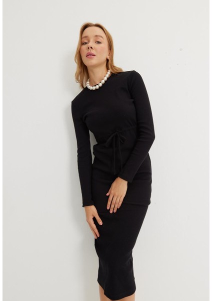Kadın Siyah Renk Kaşkorse Kordonlu Uzun Kollu Elbise modelleri