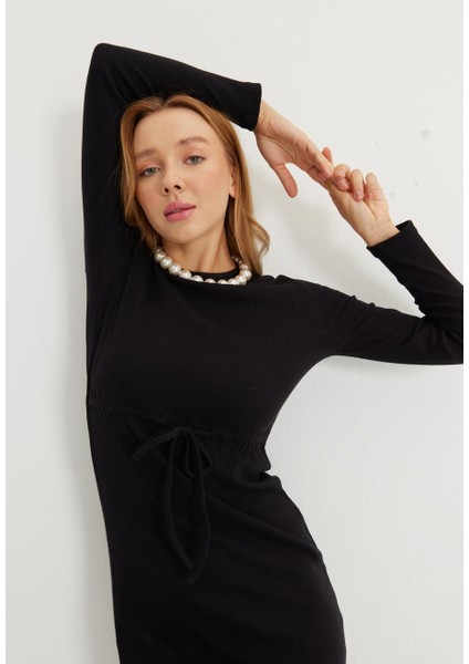 Kadın Siyah Renk Kaşkorse Kordonlu Uzun Kollu Elbise fırsatları