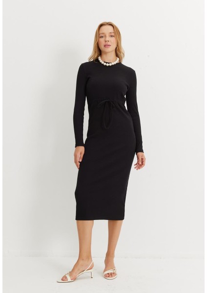 Kadın Siyah Renk Kaşkorse Kordonlu Uzun Kollu Elbise indirimleri