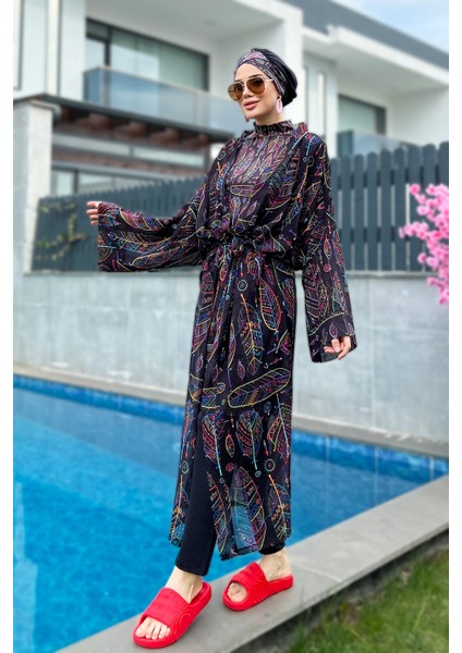 Remsa Tesettür Mayo Üzerine Tek Kaftan Kimono Pareo Yaprak Tema RP004B Zeynep modelleri