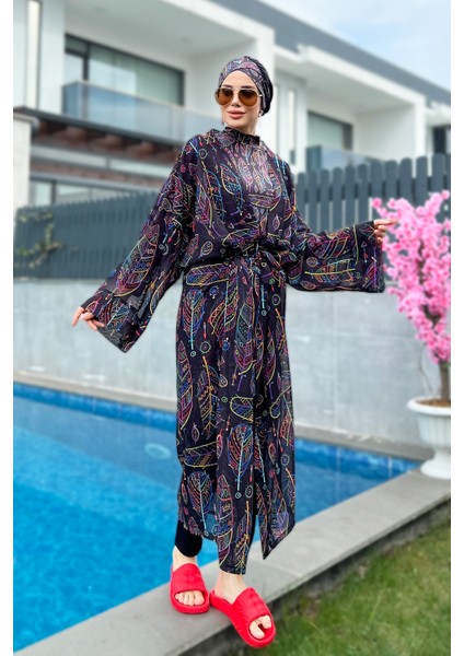Remsa Tesettür Mayo Üzerine Tek Kaftan Kimono Pareo Yaprak Tema RP004B Zeynep indirimleri