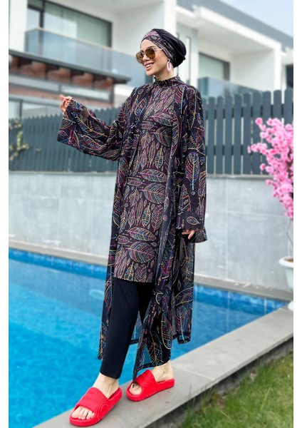 Remsa Tesettür Mayo Üzerine Tek Kaftan Kimono Pareo Yaprak Tema RP004B Zeynep