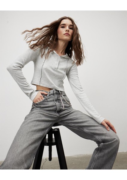 Kadın Gri Kapüşonlu Çımalı Uzun Kollu T-Shirt