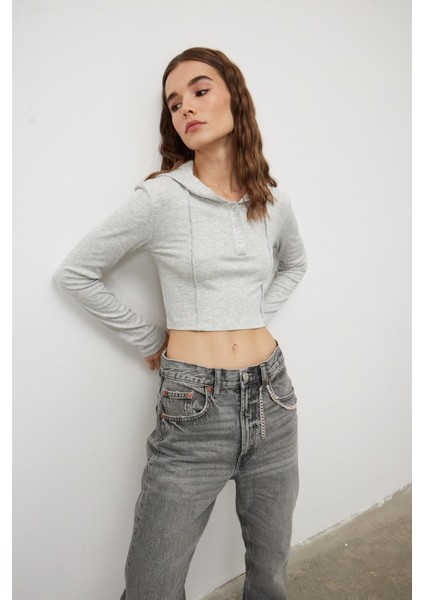 Kadın Gri Kapüşonlu Çımalı Uzun Kollu T-Shirt modelleri