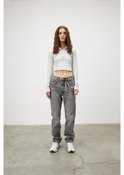 Kadın Gri Kapüşonlu Çımalı Uzun Kollu T-Shirt indirimleri