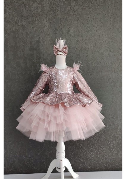 Omzu Tüylü V Sırt Payetli Kız Çocuk Elbise - Çocuk Abiye Elbise - Kız Abiye - Çocuk Mezuniyet Elbisesi