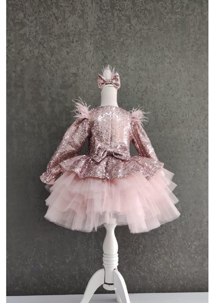 Omzu Tüylü V Sırt Payetli Kız Çocuk Elbise - Çocuk Abiye Elbise - Kız Abiye - Çocuk Mezuniyet Elbisesi fiyatları