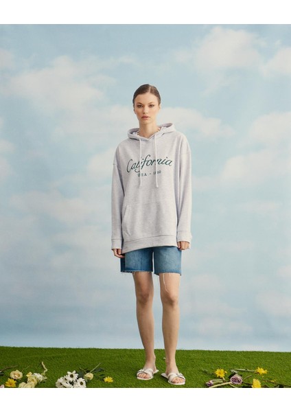 Kadın Kar Melanj Baskılı Kapüşonlu Oversize Sweatshirt