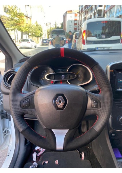 Renault Clio 4 Faz 1 Uyumlu Noktalı Tüylü Alkantra Kırmızı Şerit Direksiyon Kılıfı Kırmızı Dikiş