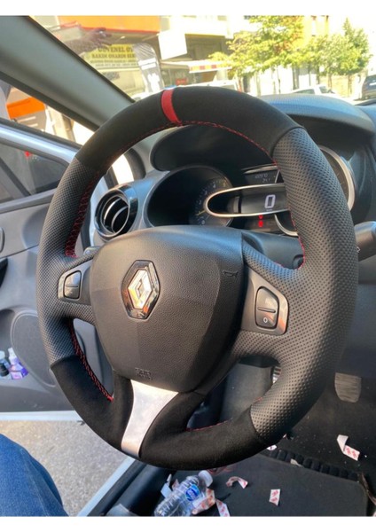 Renault Clio 4 Faz 1 Uyumlu Noktalı Tüylü Alkantra Kırmızı Şerit Direksiyon Kılıfı Kırmızı Dikiş fiyatları