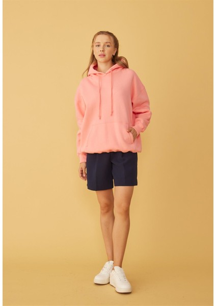 Kadın Oversize Pembe Kapüşonlu Sweatshirt