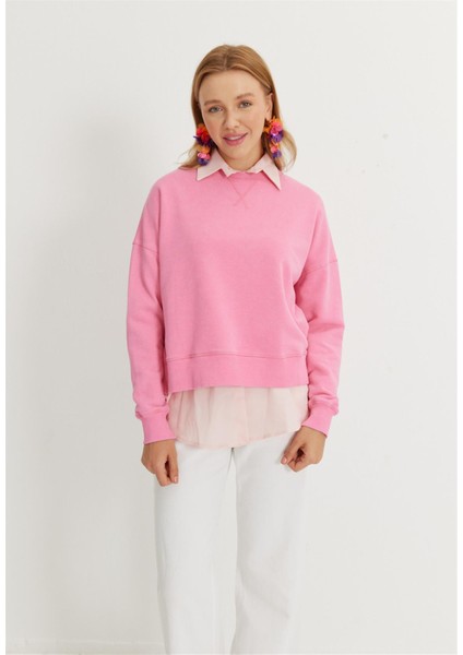 Kadın V Detaylı Efektli Pembe Kısa Sweatshirt