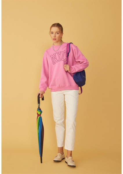 Kadın Pembe Nyc Baskılı Oversize Sweatshirt indirimleri