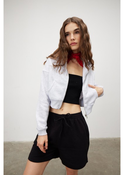 Kadın Kar Melanj Kapüşonlu Şardonlu Crop Sweatshirt fiyatları