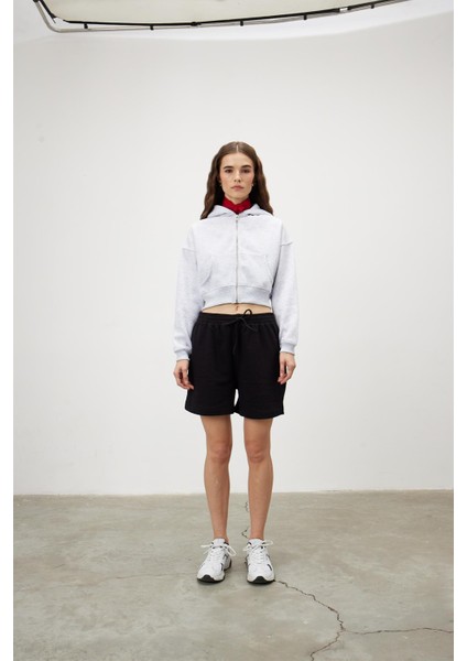 Kadın Kar Melanj Kapüşonlu Şardonlu Crop Sweatshirt modelleri