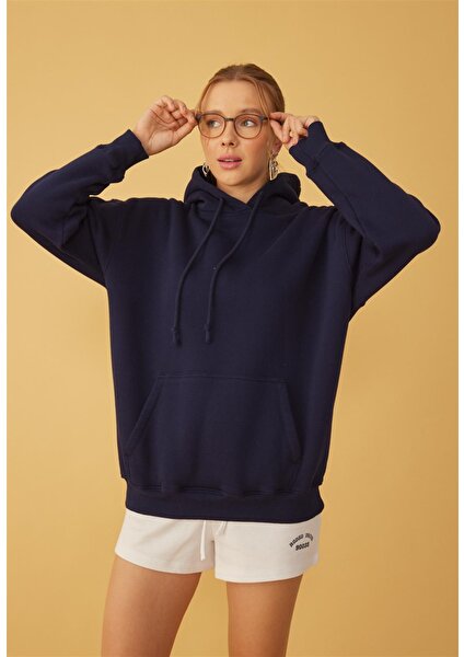 Kadın Oversize Navy Kapüşonlu Sweatshirt