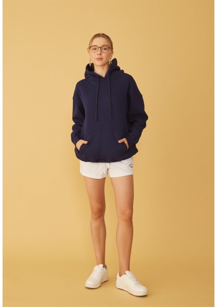 Kadın Oversize Navy Kapüşonlu Sweatshirt