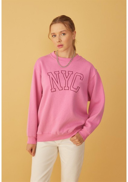 Kadın Pembe Nyc Baskılı Oversize Sweatshirt