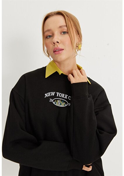 Kadın Siyah New York City Baskılı Oversize Sweatshirt