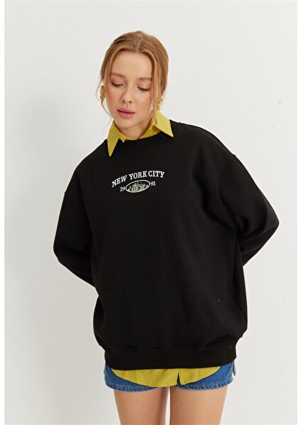 Kadın Siyah New York City Baskılı Oversize Sweatshirt