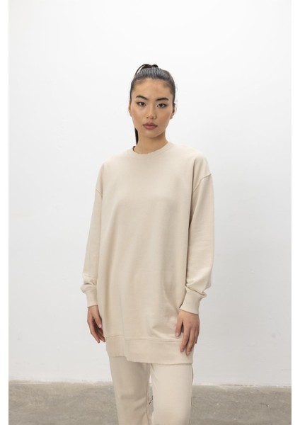 Oversize Basic 3 Iplik Diagonel Kumaş Şardonsuz Uzun Sweatshirt