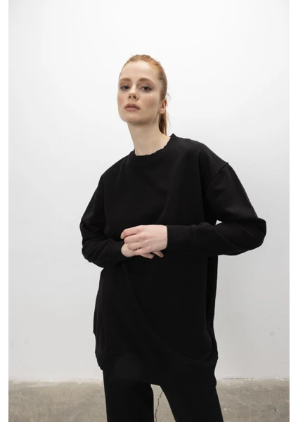 Oversize Basic 3 Iplik Diagonel Kumaş Şardonsuz Uzun Sweatshirt