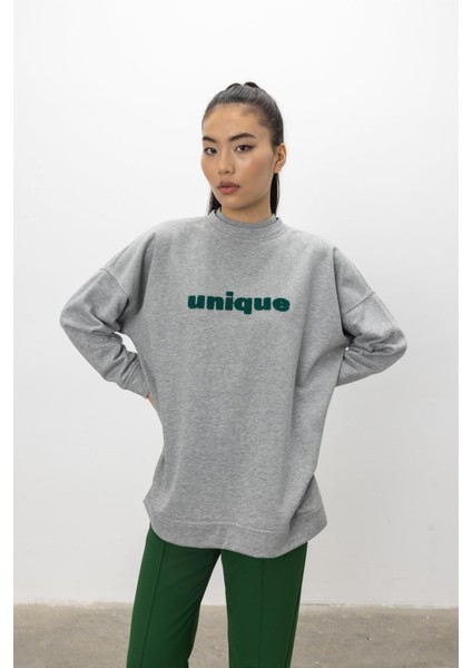 Unique Nakış Işlemeli Gri Melanj Sweatshirt