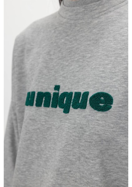 Unique Nakış Işlemeli Gri Melanj Sweatshirt