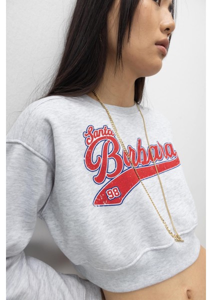 Santa Barbara Baskılı Kar Melanj Şardonlu Crop Sweatshirt