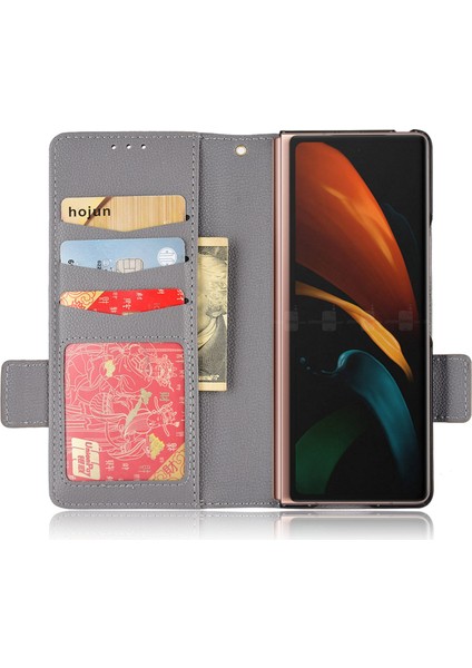 Samsung Galaxy Z Fold2 Için 5g Litchi Doku Şok Geçirmez Telefon Kılıfı Pu Deri Deri Çift Manyetik Toka Kapak Stand Cüzdan-Gre (Yurt Dışından)