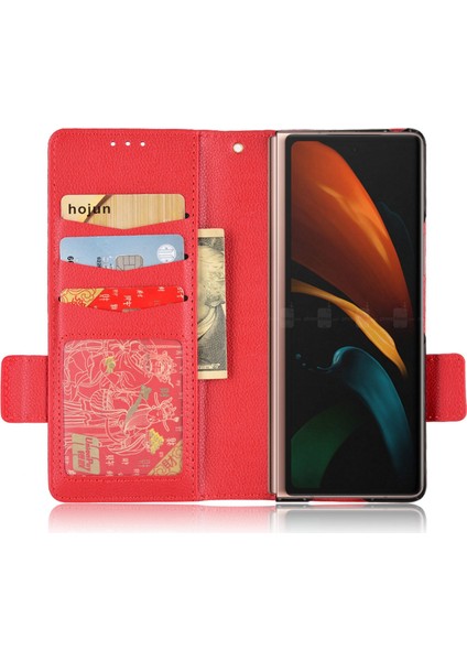 Samsung Galaxy Z Fold2 Için 5g Litchi Doku Şok Geçirmez Telefon Kılıfı Pu Deri Çift Manyetik Toka Kapağı Stand Cüzdan-Kırmızı ile (Yurt Dışından)