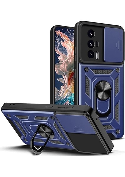 Xiaomi Poco F5 Pro Kılıf Sert Silikon Tank Aramid Sürgülü Vega Yüzüklü Lacivert