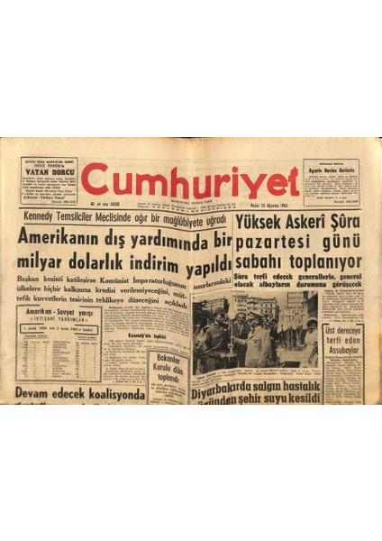 Cumhuriyet Gazetesi 25 Ağustos 1963 - Diyarbakır`da Salgın Yüzünden Şehir Suyu Kesildi GZ88139