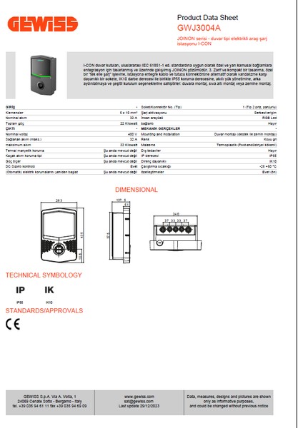 GWJ3004A I-Con - Type 2 - 22 Kw - IP55 Sarj Istasyonu