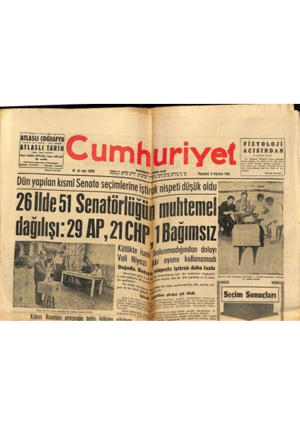 Cumhuriyet Gazetesi 8 Haziran 1964 - , Rumlara Gemi Dolusu Uçak Gönderdi, Jacqueline Kennedy, Iran Şahı GZ87968