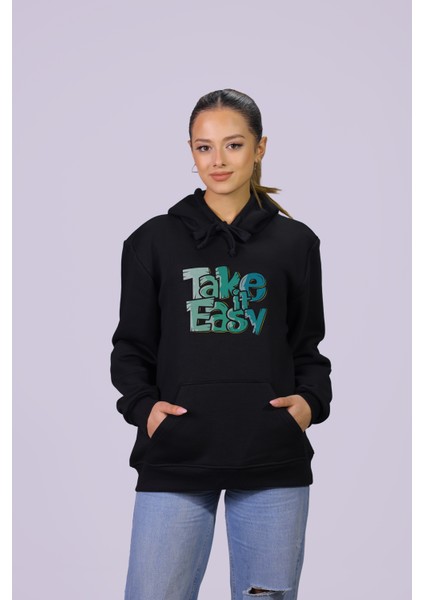 Take It Easy Temalı Özel Tasarım Kanguru Cep Kapşonlu Sweatshirt