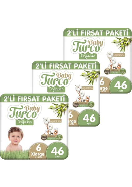 Baby Turco Doğadan Fırsat Pakenti Bebek Bezi 6 Numara XLarge 46 x 3 138 Adet