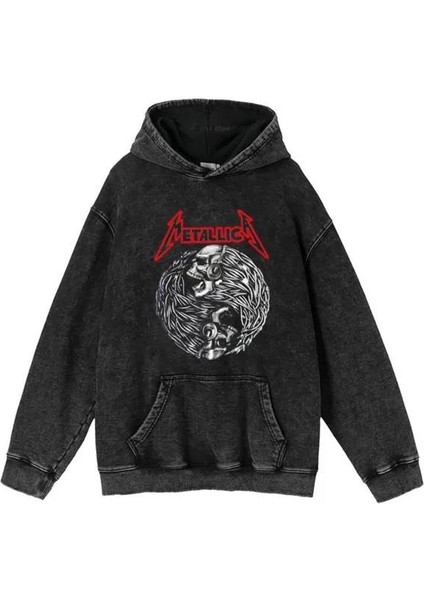 Metallica Baskılı Yıkamalı Vintage Oversize Kapüşonlu Sweatshirt