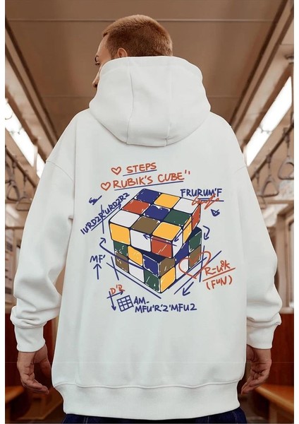 Street Wear Rubik Küp Baskılı Oversize Ecru Kapşonlu Hoodie Sweatshirt