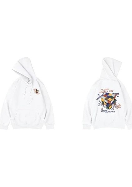 Street Wear Rubik Küp Baskılı Oversize Ecru Kapşonlu Hoodie Sweatshirt