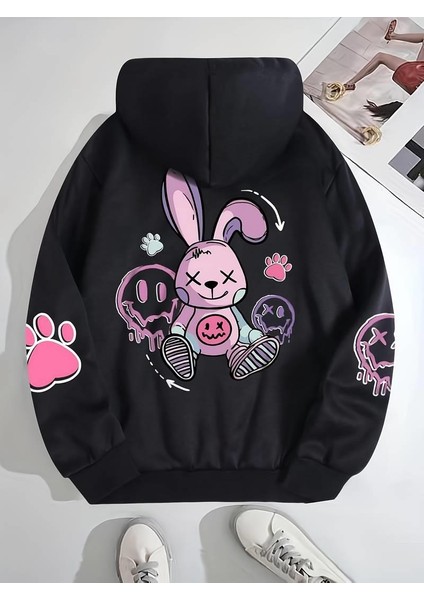 Street Wear Cartoon Rabbit Baskılı Oversize Siyah Kapşonlu Hoodie Sweatshirt
