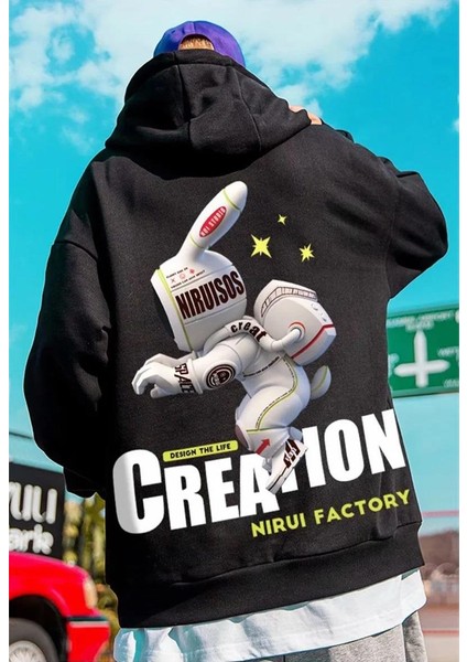 Touz Moda Street Wear Alien Rabbit Baskılı Oversize  Siyah Kapşonlu Hoodie Sweatshirt