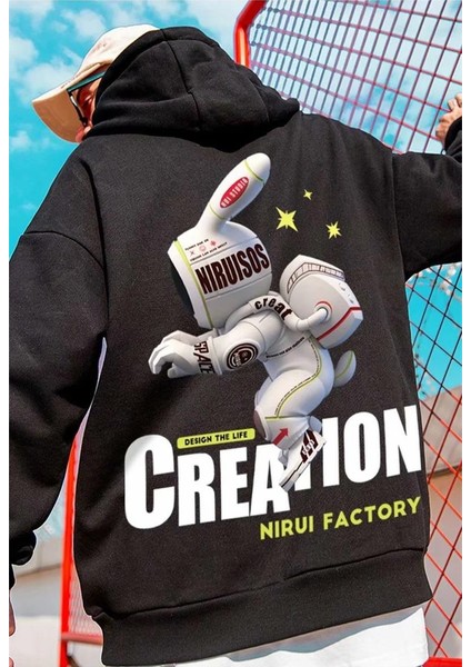 Touz Moda Street Wear Alien Rabbit Baskılı Oversize  Siyah Kapşonlu Hoodie Sweatshirt