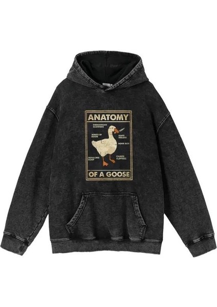 Touz Moda Duck Anatomy Baskılı Yıkamalı Vintage  Oversize Kapüşonlu Sweatshirt