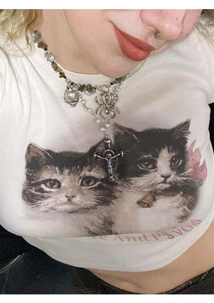 Cute Kitten Ribbed Baskılı Beyaz Crop