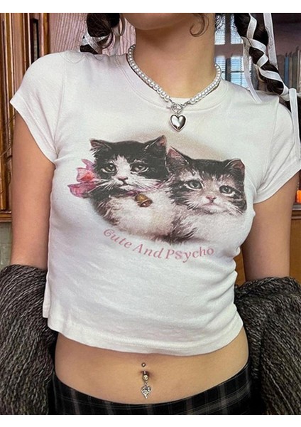 Cute Kitten Ribbed Baskılı Beyaz Crop fiyatları