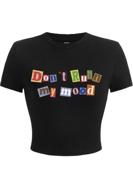 Y2K Slogan Baskılı Siyah Crop